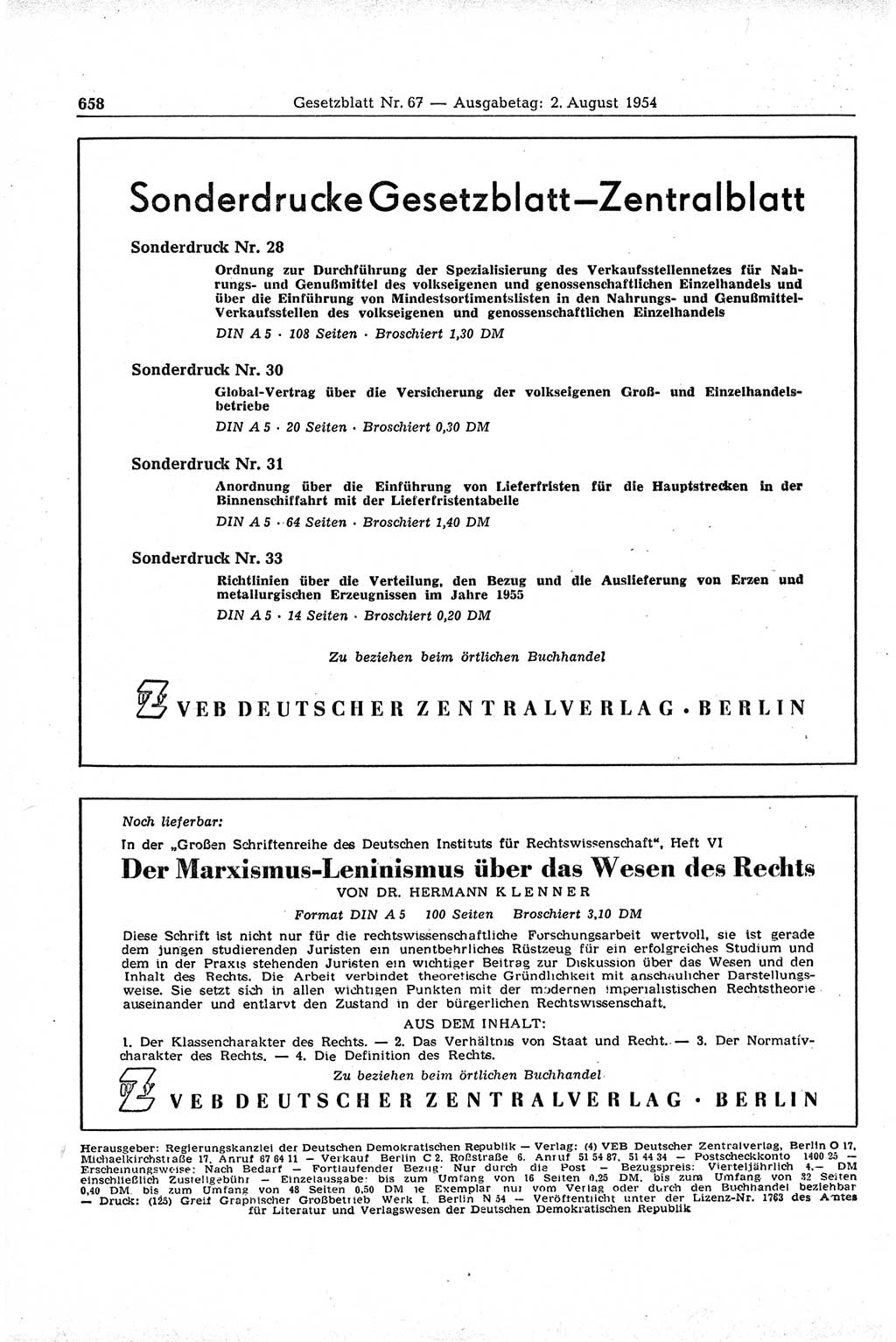 Gesetzblatt (GBl.) der Deutschen Demokratischen Republik (DDR) 1954, Seite 658 (GBl. DDR 1954, S. 658)