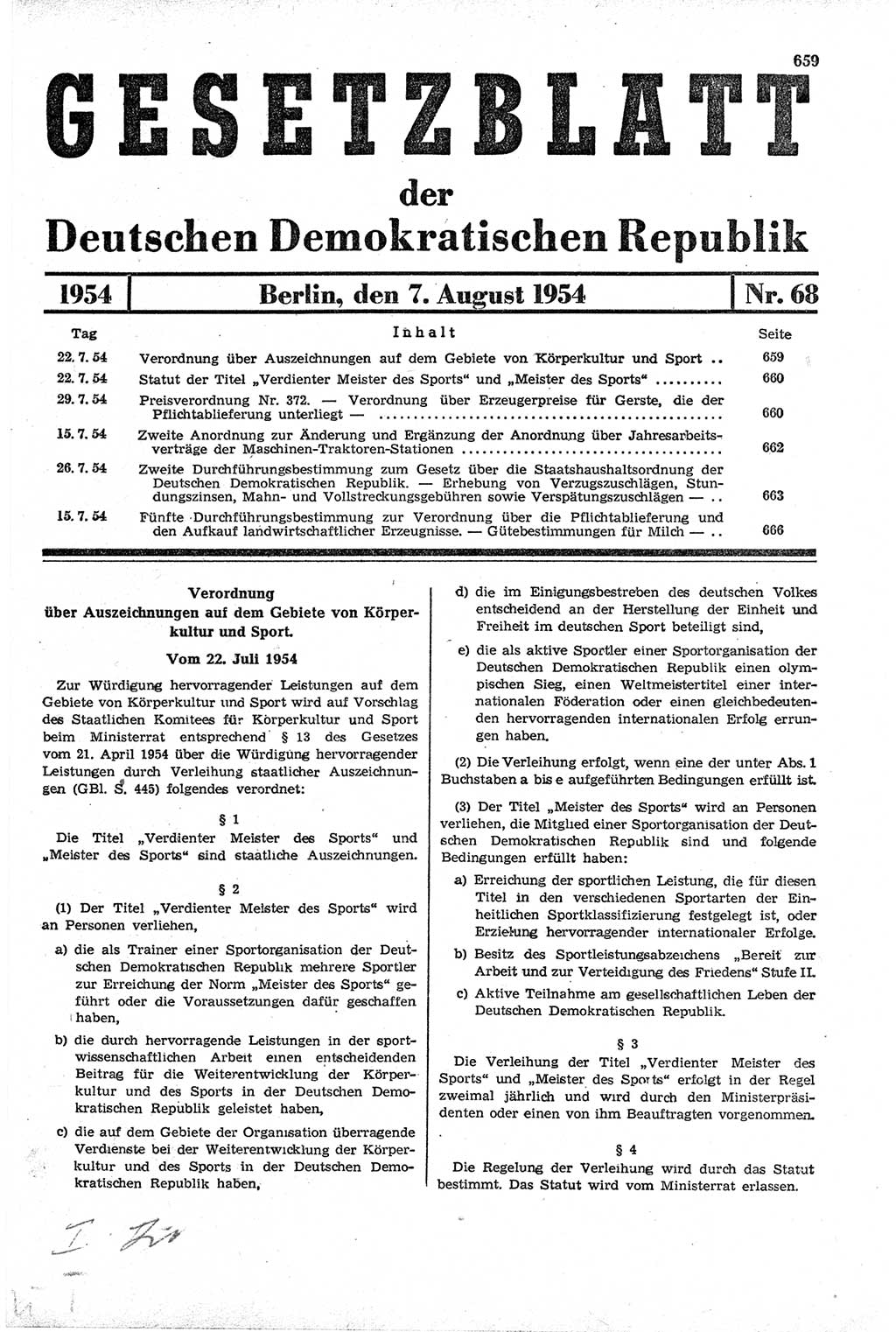 Gesetzblatt (GBl.) der Deutschen Demokratischen Republik (DDR) 1954, Seite 659 (GBl. DDR 1954, S. 659)