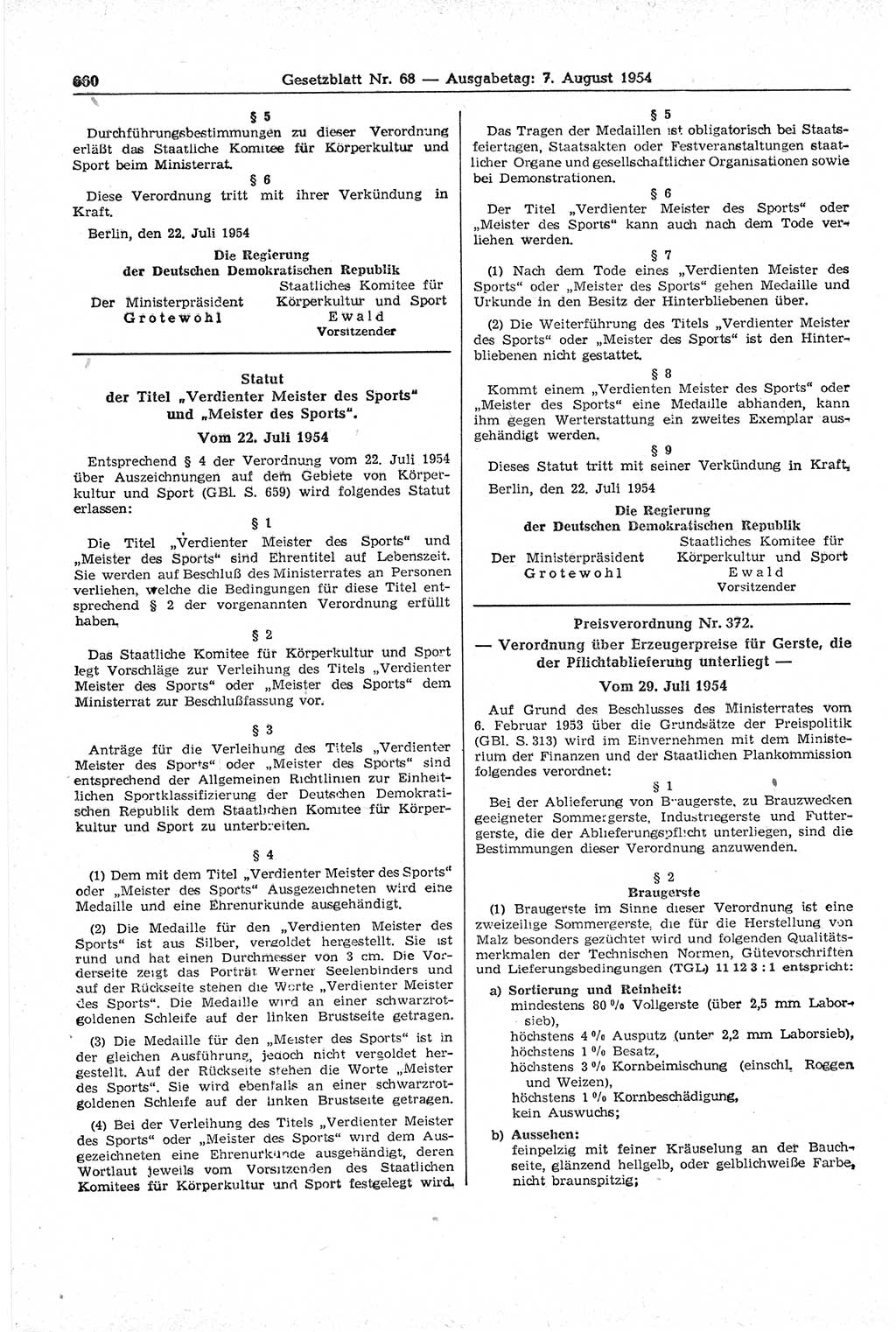 Gesetzblatt (GBl.) der Deutschen Demokratischen Republik (DDR) 1954, Seite 660 (GBl. DDR 1954, S. 660)