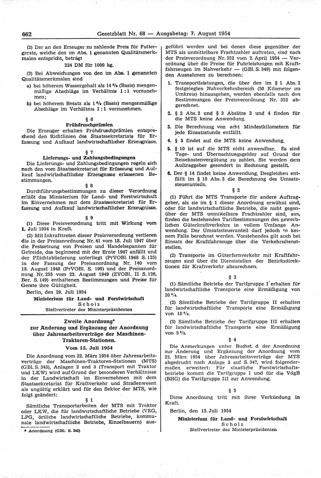 Gesetzblatt (GBl.) der Deutschen Demokratischen Republik (DDR) 1954, Seite 662 (GBl. DDR 1954, S. 662)