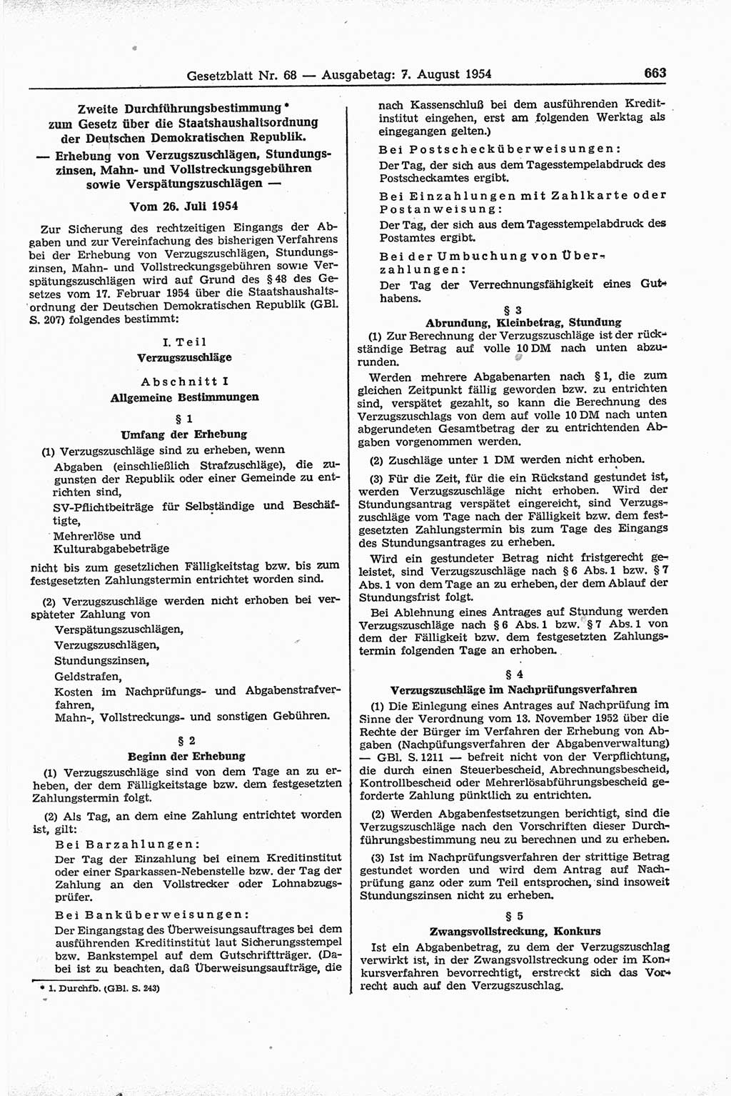 Gesetzblatt (GBl.) der Deutschen Demokratischen Republik (DDR) 1954, Seite 663 (GBl. DDR 1954, S. 663)