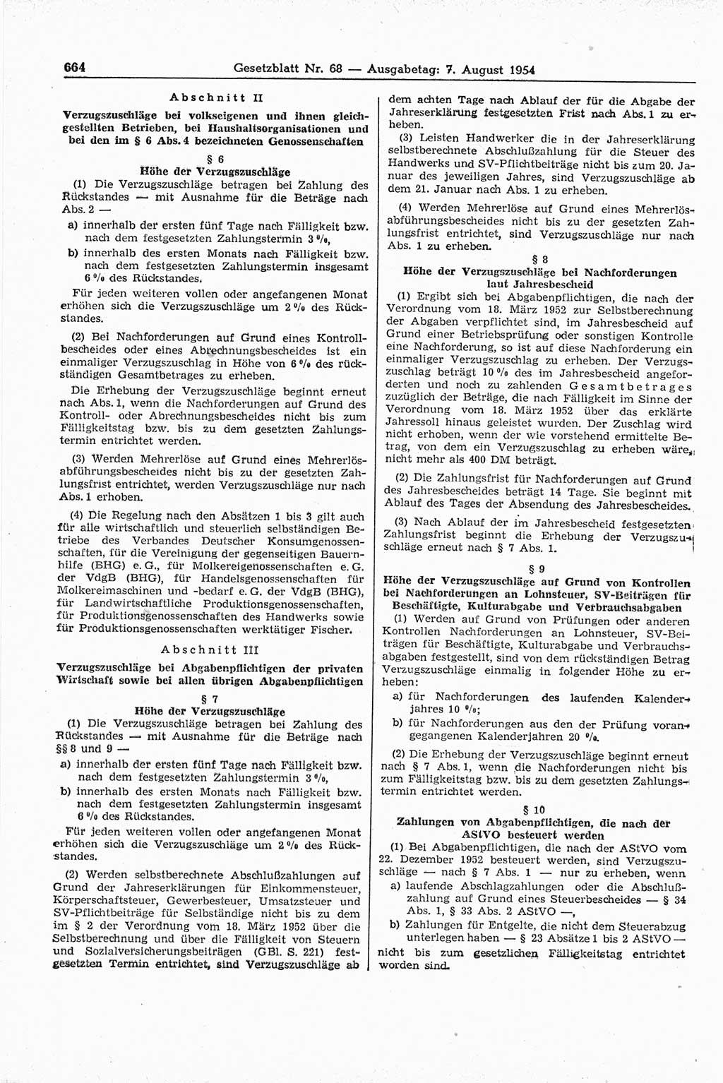 Gesetzblatt (GBl.) der Deutschen Demokratischen Republik (DDR) 1954, Seite 664 (GBl. DDR 1954, S. 664)