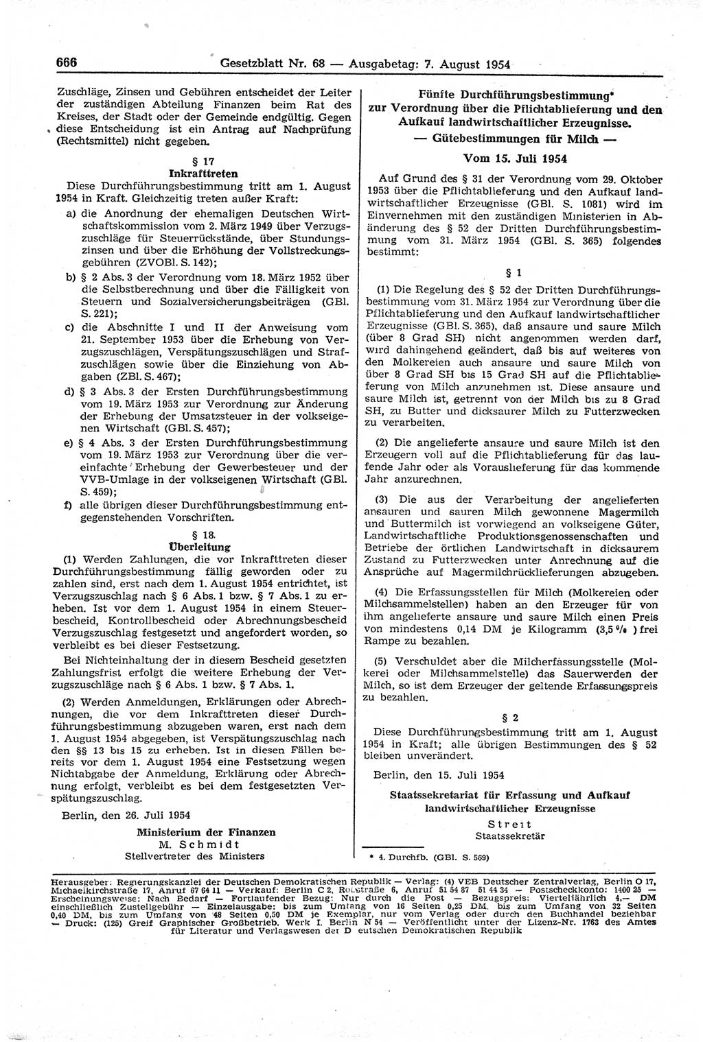 Gesetzblatt (GBl.) der Deutschen Demokratischen Republik (DDR) 1954, Seite 666 (GBl. DDR 1954, S. 666)