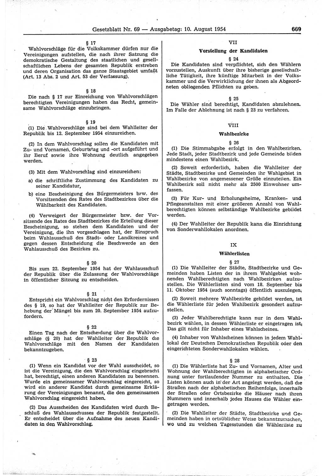 Gesetzblatt (GBl.) der Deutschen Demokratischen Republik (DDR) 1954, Seite 669 (GBl. DDR 1954, S. 669)