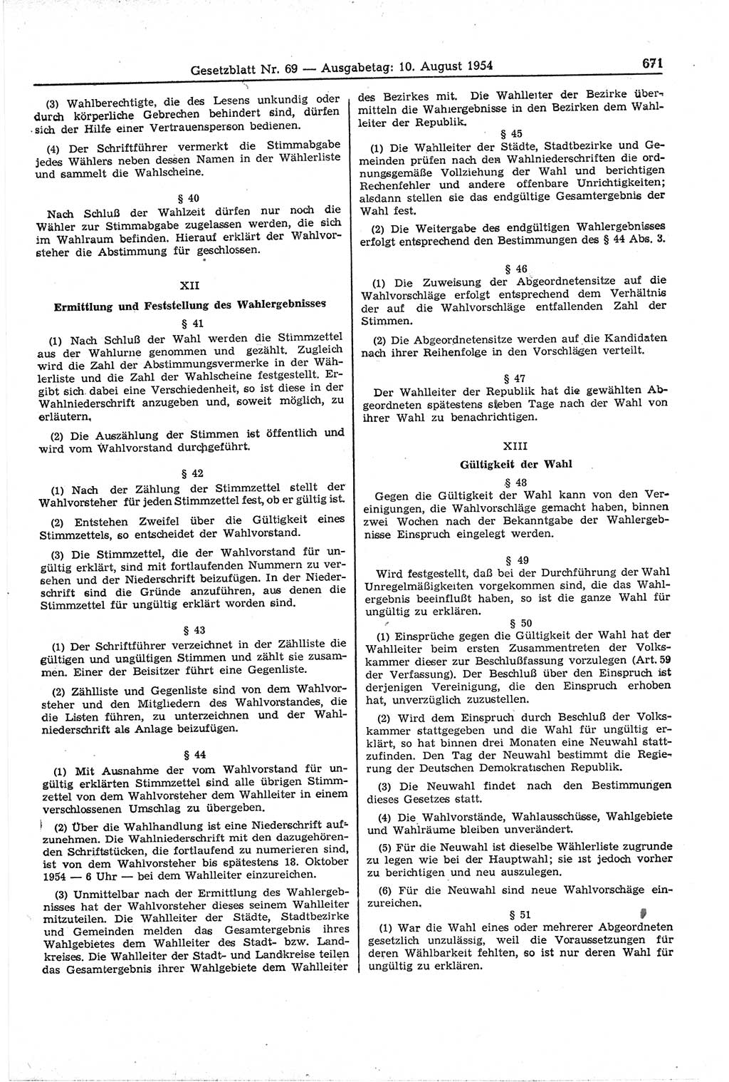 Gesetzblatt (GBl.) der Deutschen Demokratischen Republik (DDR) 1954, Seite 671 (GBl. DDR 1954, S. 671)