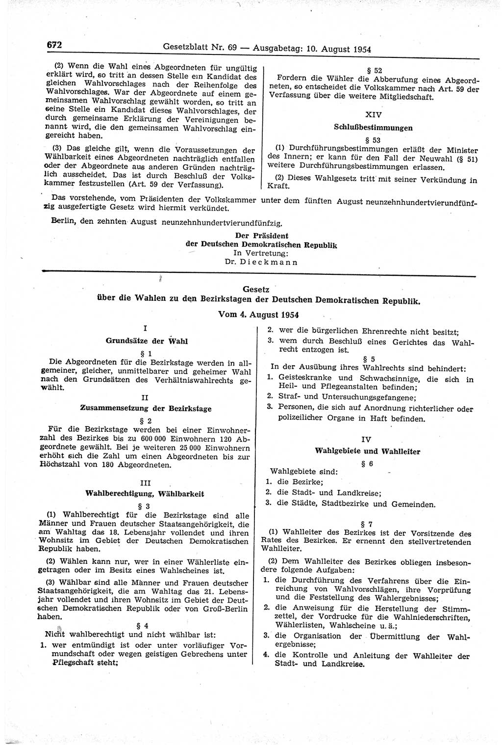Gesetzblatt (GBl.) der Deutschen Demokratischen Republik (DDR) 1954, Seite 672 (GBl. DDR 1954, S. 672)