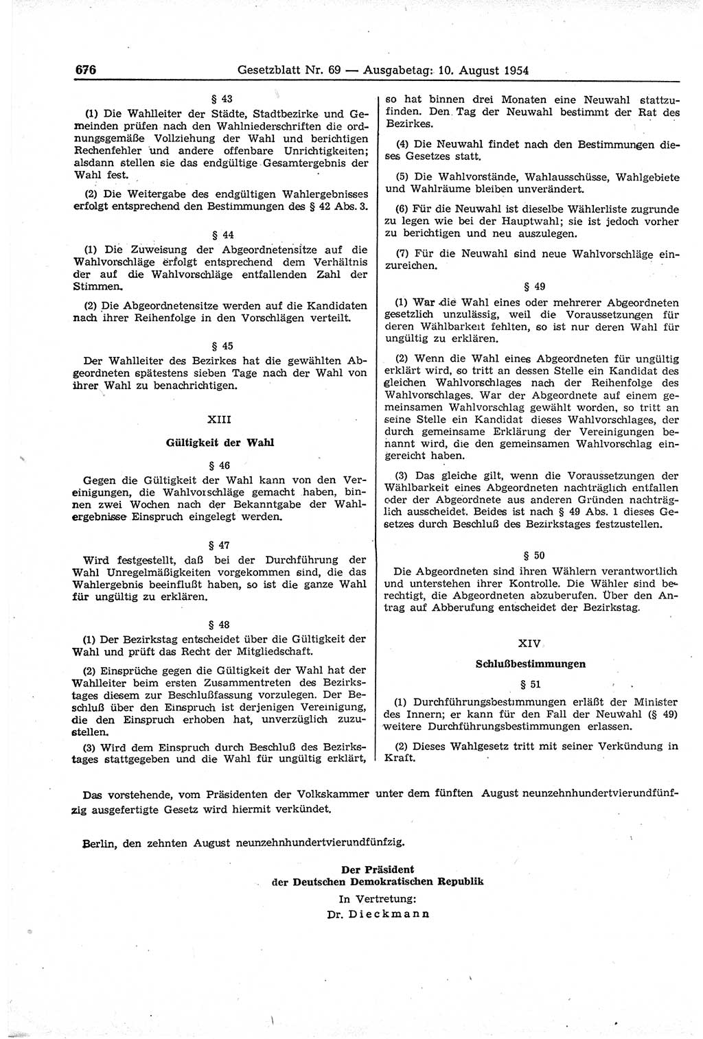 Gesetzblatt (GBl.) der Deutschen Demokratischen Republik (DDR) 1954, Seite 676 (GBl. DDR 1954, S. 676)