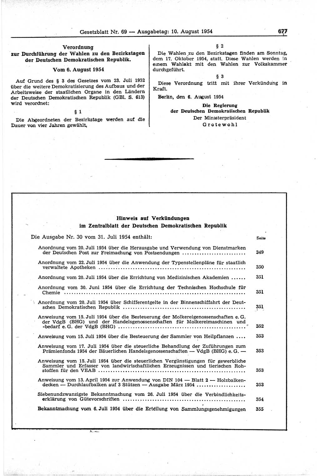 Gesetzblatt (GBl.) der Deutschen Demokratischen Republik (DDR) 1954, Seite 677 (GBl. DDR 1954, S. 677)