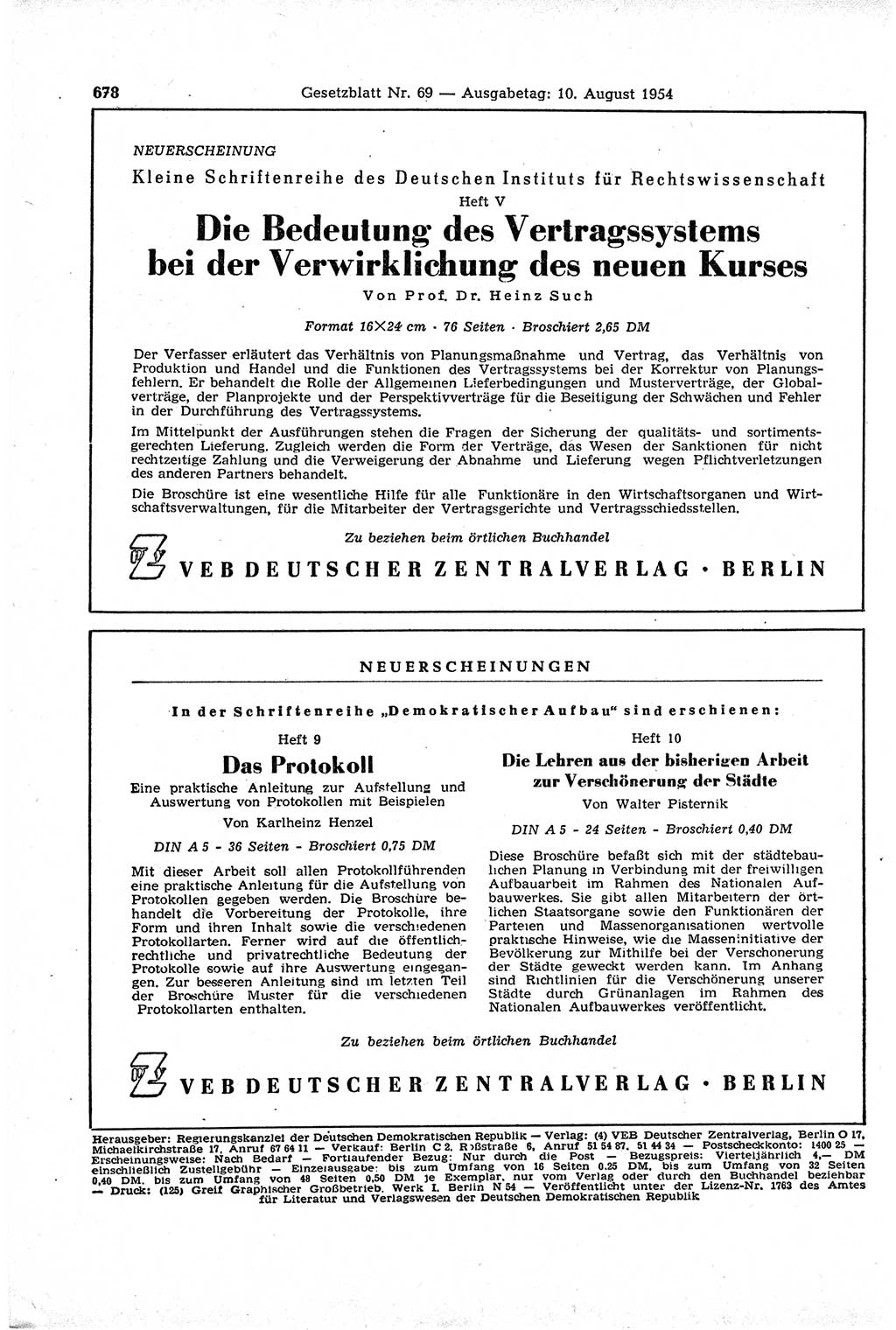 Gesetzblatt (GBl.) der Deutschen Demokratischen Republik (DDR) 1954, Seite 678 (GBl. DDR 1954, S. 678)
