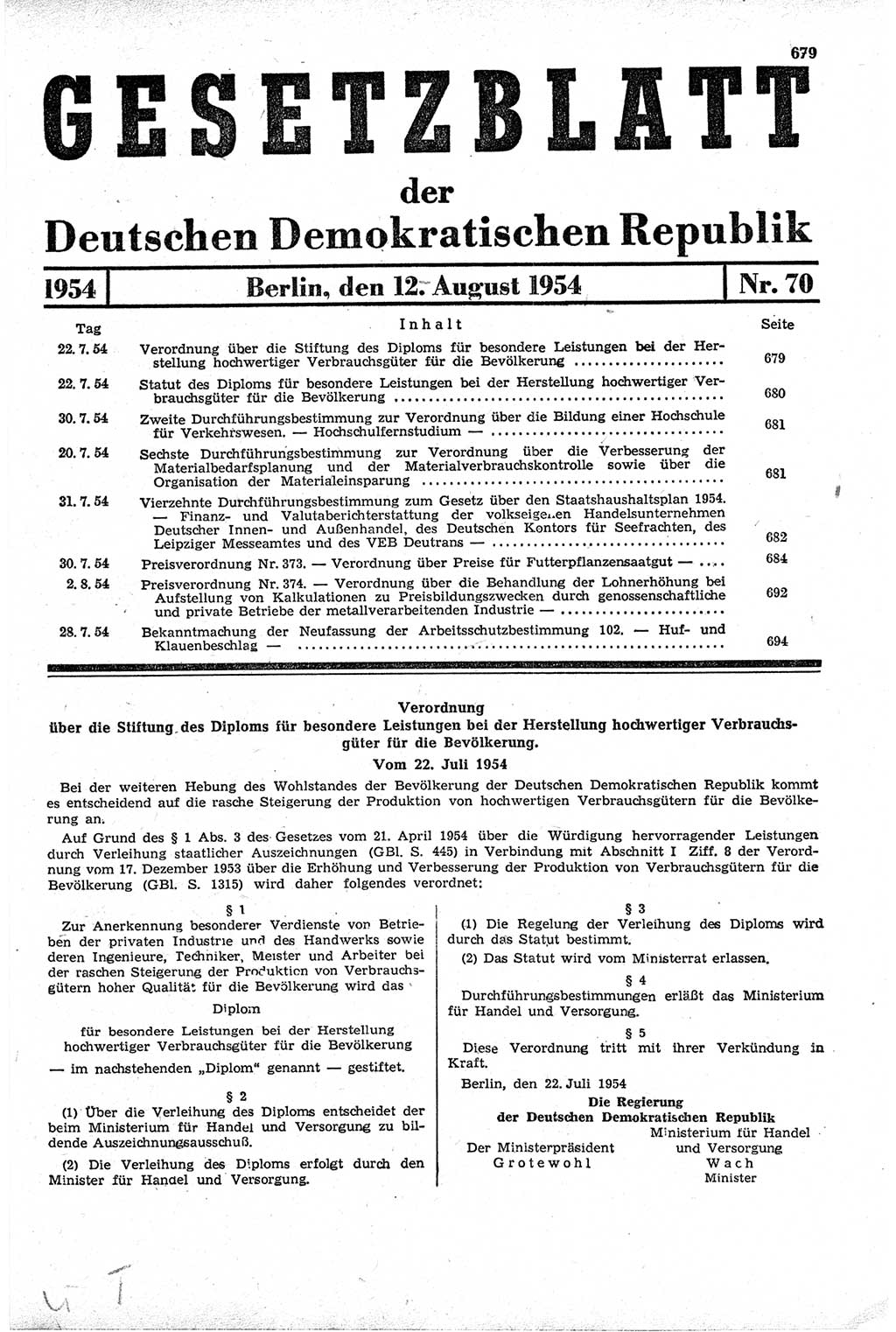 Gesetzblatt (GBl.) der Deutschen Demokratischen Republik (DDR) 1954, Seite 679 (GBl. DDR 1954, S. 679)
