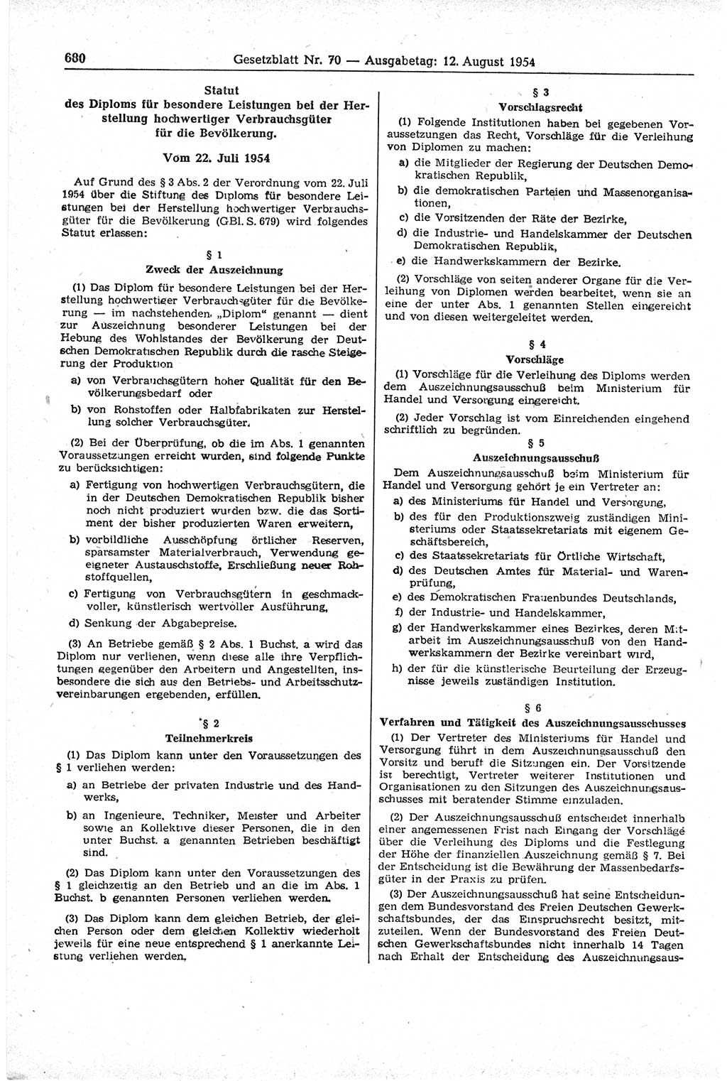 Gesetzblatt (GBl.) der Deutschen Demokratischen Republik (DDR) 1954, Seite 680 (GBl. DDR 1954, S. 680)