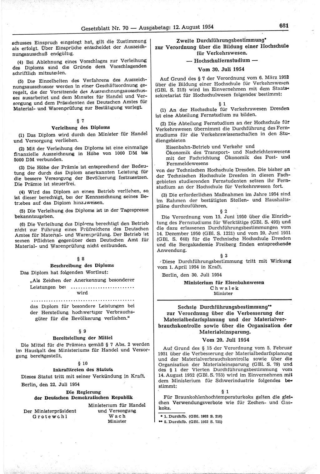 Gesetzblatt (GBl.) der Deutschen Demokratischen Republik (DDR) 1954, Seite 681 (GBl. DDR 1954, S. 681)