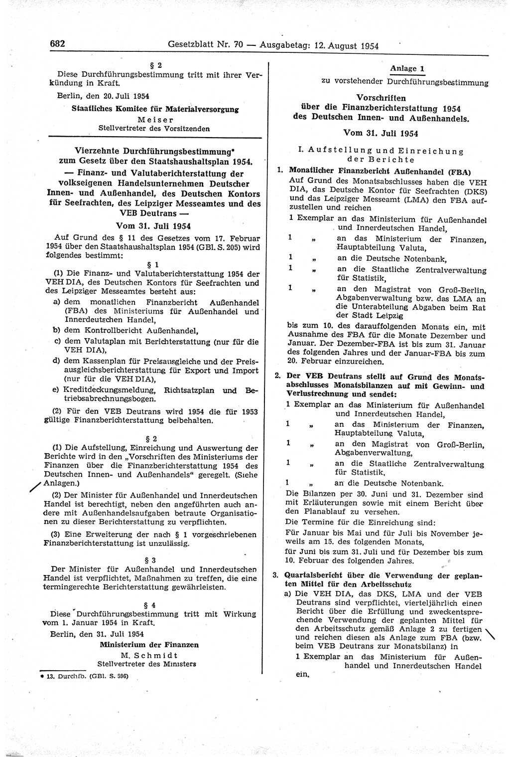 Gesetzblatt (GBl.) der Deutschen Demokratischen Republik (DDR) 1954, Seite 682 (GBl. DDR 1954, S. 682)