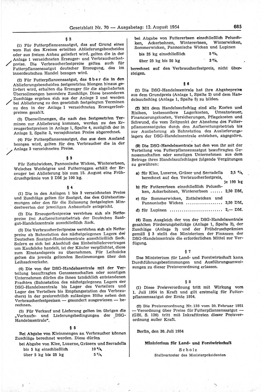 Gesetzblatt (GBl.) der Deutschen Demokratischen Republik (DDR) 1954, Seite 685 (GBl. DDR 1954, S. 685)