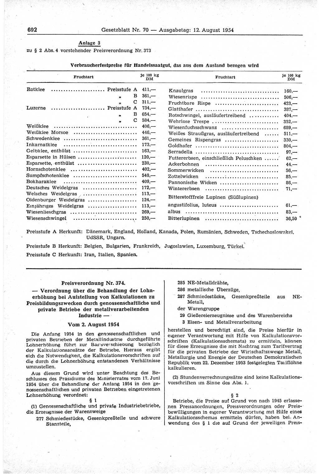 Gesetzblatt (GBl.) der Deutschen Demokratischen Republik (DDR) 1954, Seite 692 (GBl. DDR 1954, S. 692)