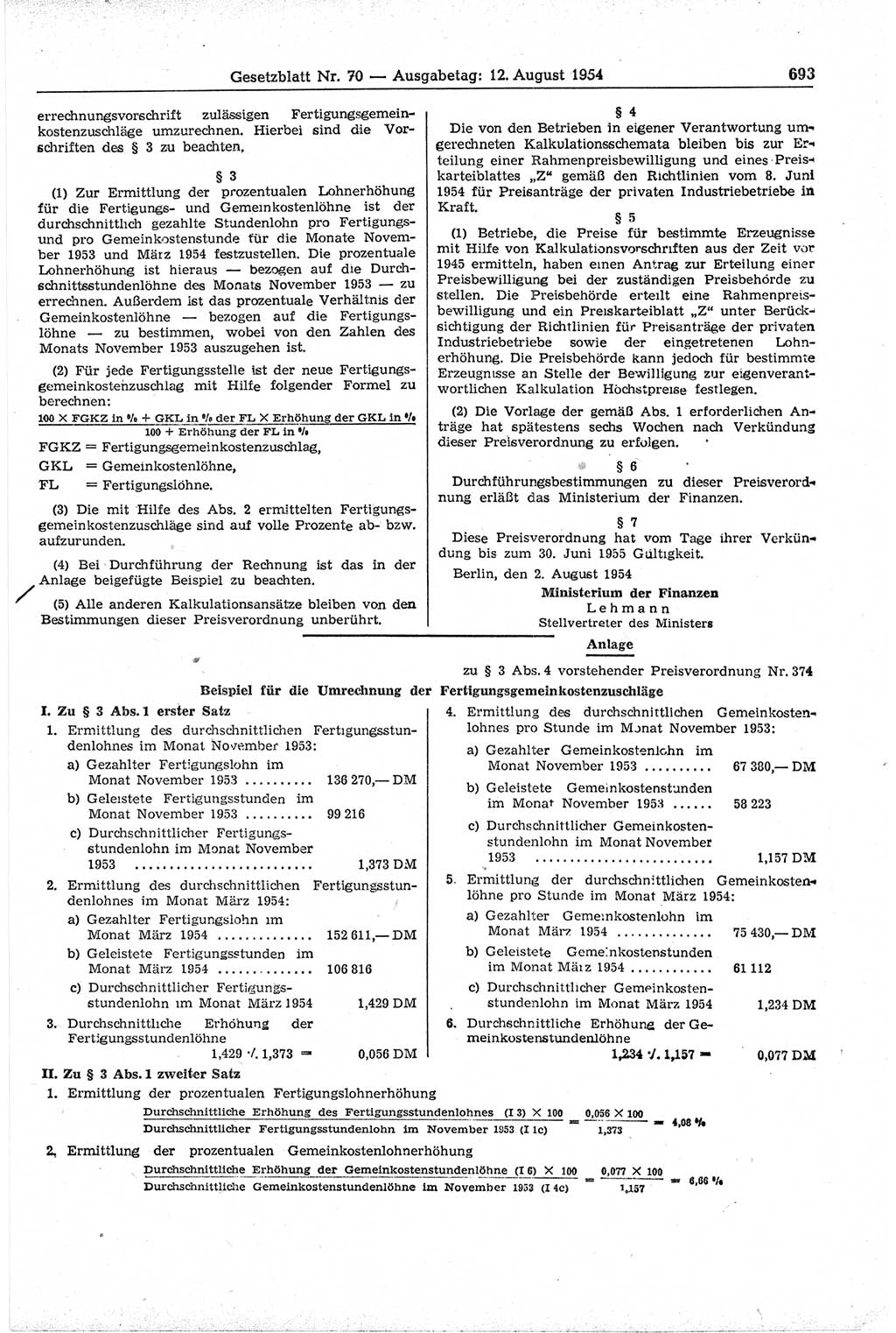 Gesetzblatt (GBl.) der Deutschen Demokratischen Republik (DDR) 1954, Seite 693 (GBl. DDR 1954, S. 693)