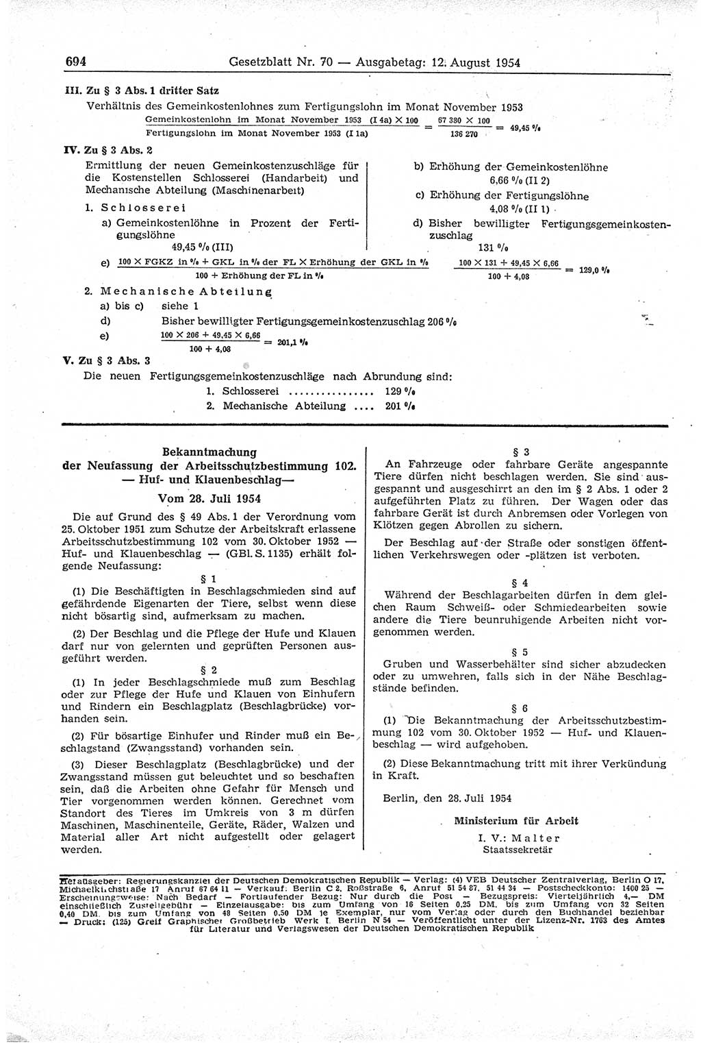 Gesetzblatt (GBl.) der Deutschen Demokratischen Republik (DDR) 1954, Seite 694 (GBl. DDR 1954, S. 694)