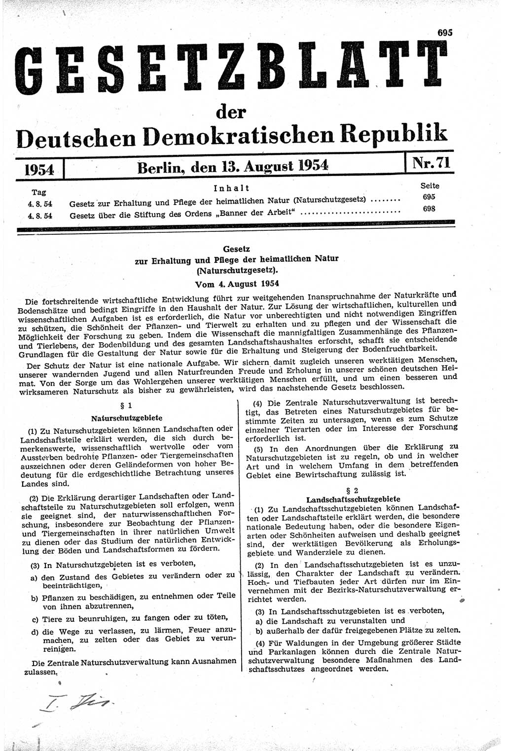Gesetzblatt (GBl.) der Deutschen Demokratischen Republik (DDR) 1954, Seite 695 (GBl. DDR 1954, S. 695)