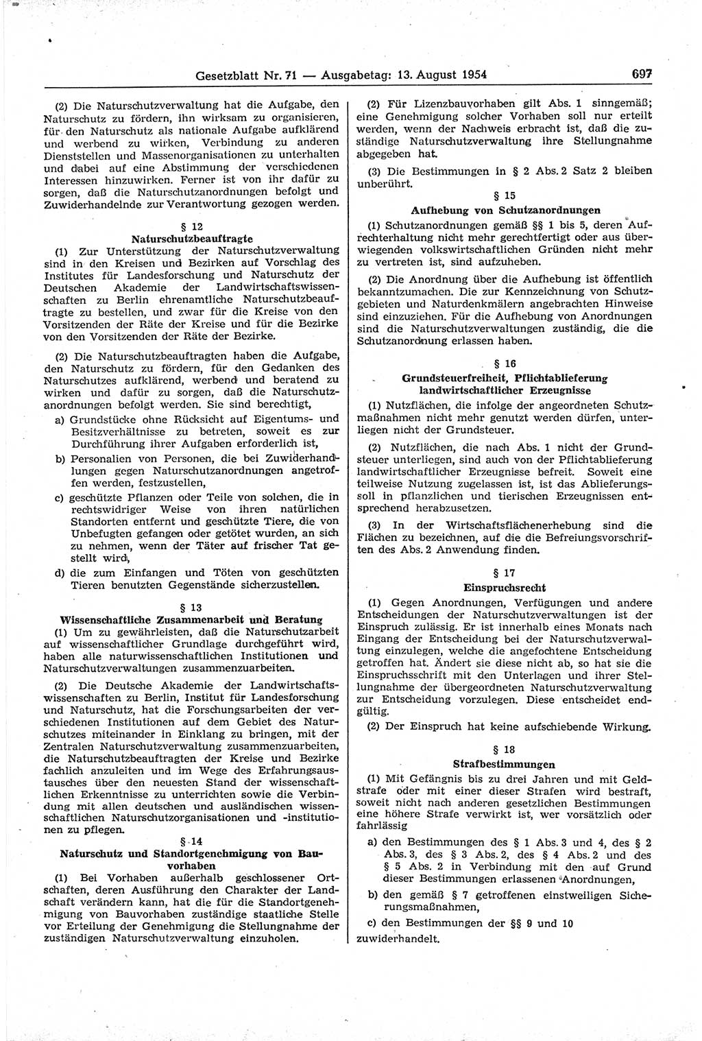 Gesetzblatt (GBl.) der Deutschen Demokratischen Republik (DDR) 1954, Seite 697 (GBl. DDR 1954, S. 697)
