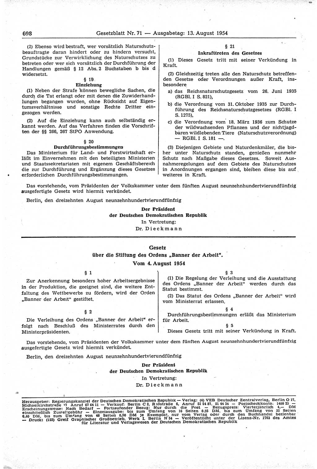 Gesetzblatt (GBl.) der Deutschen Demokratischen Republik (DDR) 1954, Seite 698 (GBl. DDR 1954, S. 698)