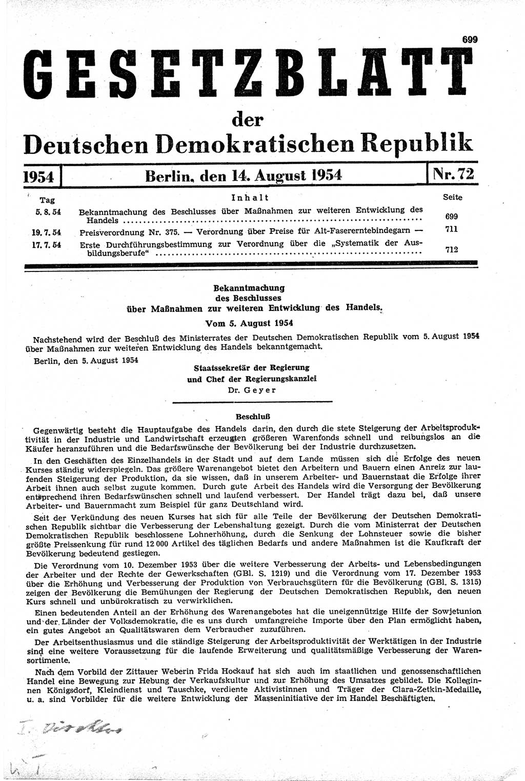 Gesetzblatt (GBl.) der Deutschen Demokratischen Republik (DDR) 1954, Seite 699 (GBl. DDR 1954, S. 699)