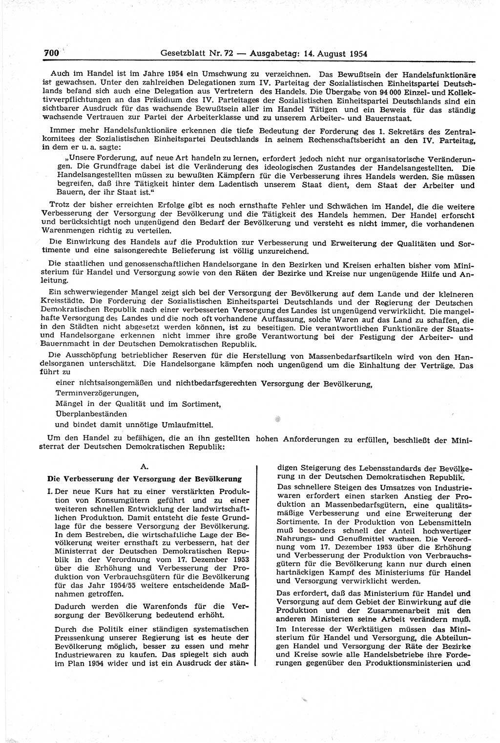 Gesetzblatt (GBl.) der Deutschen Demokratischen Republik (DDR) 1954, Seite 700 (GBl. DDR 1954, S. 700)