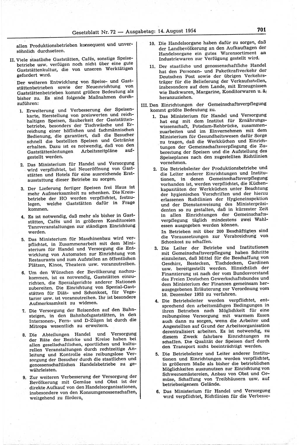 Gesetzblatt (GBl.) der Deutschen Demokratischen Republik (DDR) 1954, Seite 701 (GBl. DDR 1954, S. 701)