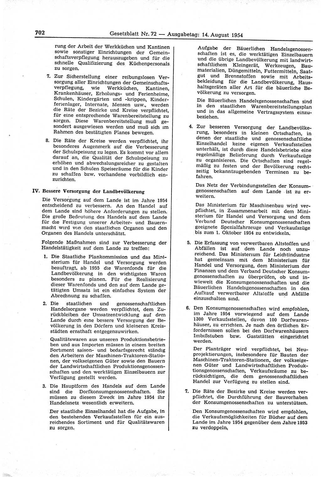 Gesetzblatt (GBl.) der Deutschen Demokratischen Republik (DDR) 1954, Seite 702 (GBl. DDR 1954, S. 702)