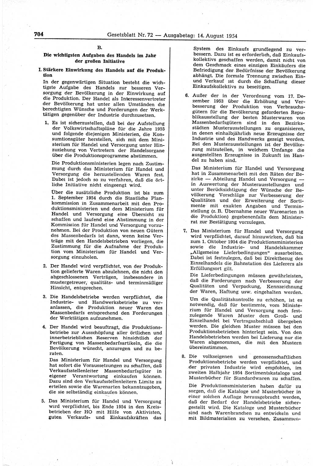 Gesetzblatt (GBl.) der Deutschen Demokratischen Republik (DDR) 1954, Seite 704 (GBl. DDR 1954, S. 704)