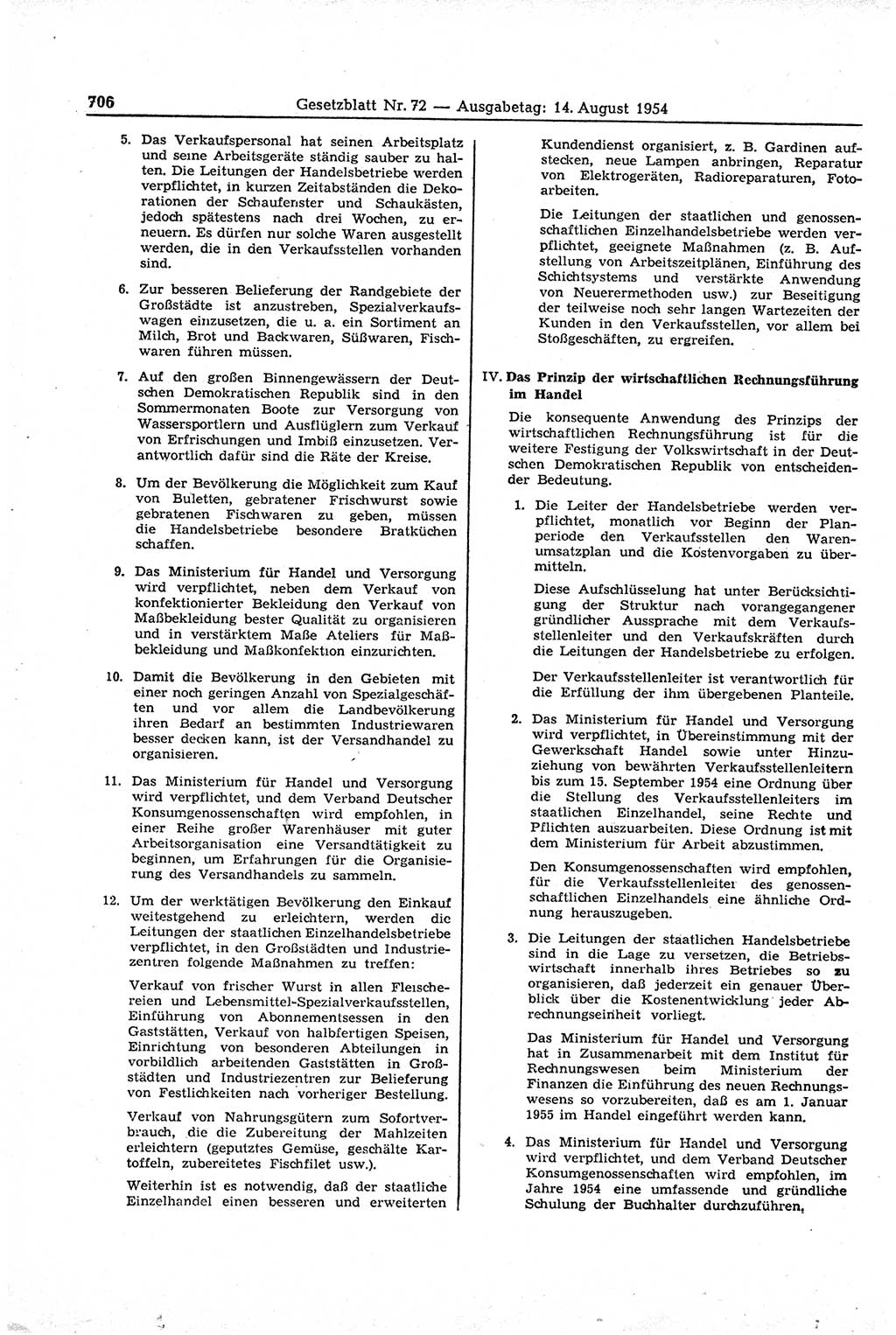 Gesetzblatt (GBl.) der Deutschen Demokratischen Republik (DDR) 1954, Seite 706 (GBl. DDR 1954, S. 706)