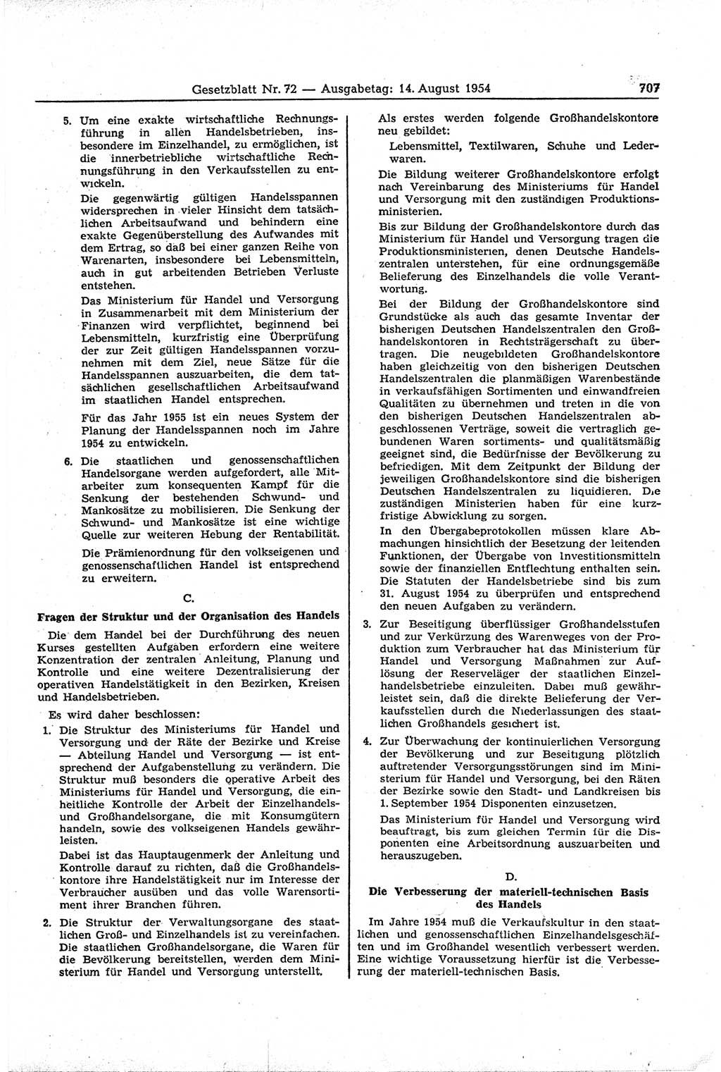 Gesetzblatt (GBl.) der Deutschen Demokratischen Republik (DDR) 1954, Seite 707 (GBl. DDR 1954, S. 707)