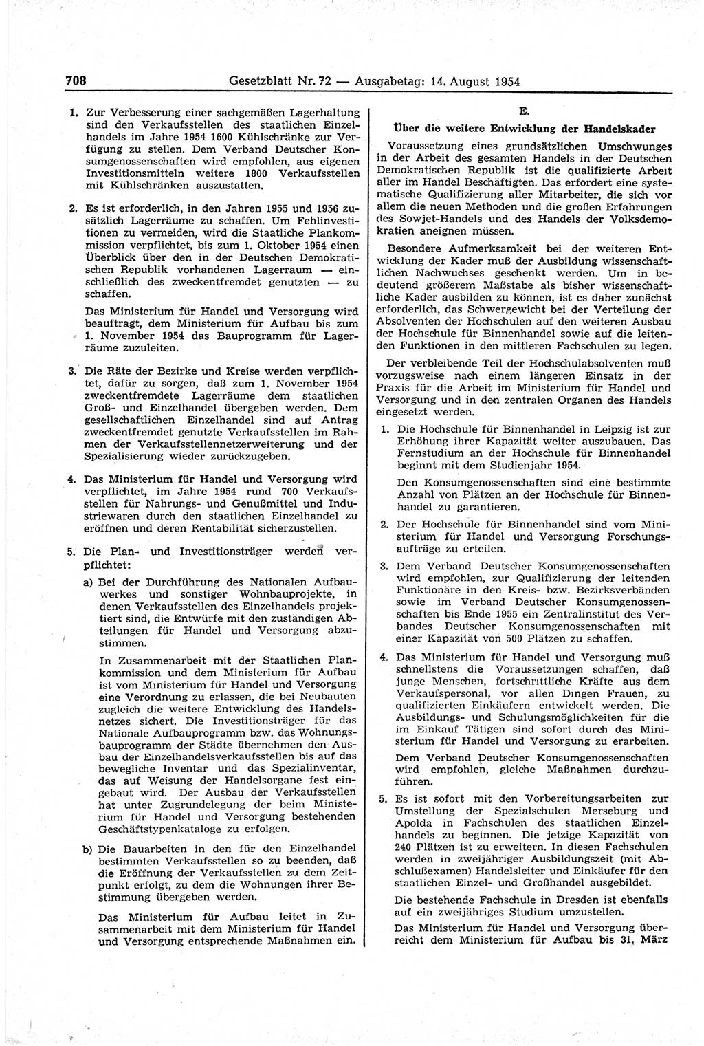 Gesetzblatt (GBl.) der Deutschen Demokratischen Republik (DDR) 1954, Seite 708 (GBl. DDR 1954, S. 708)