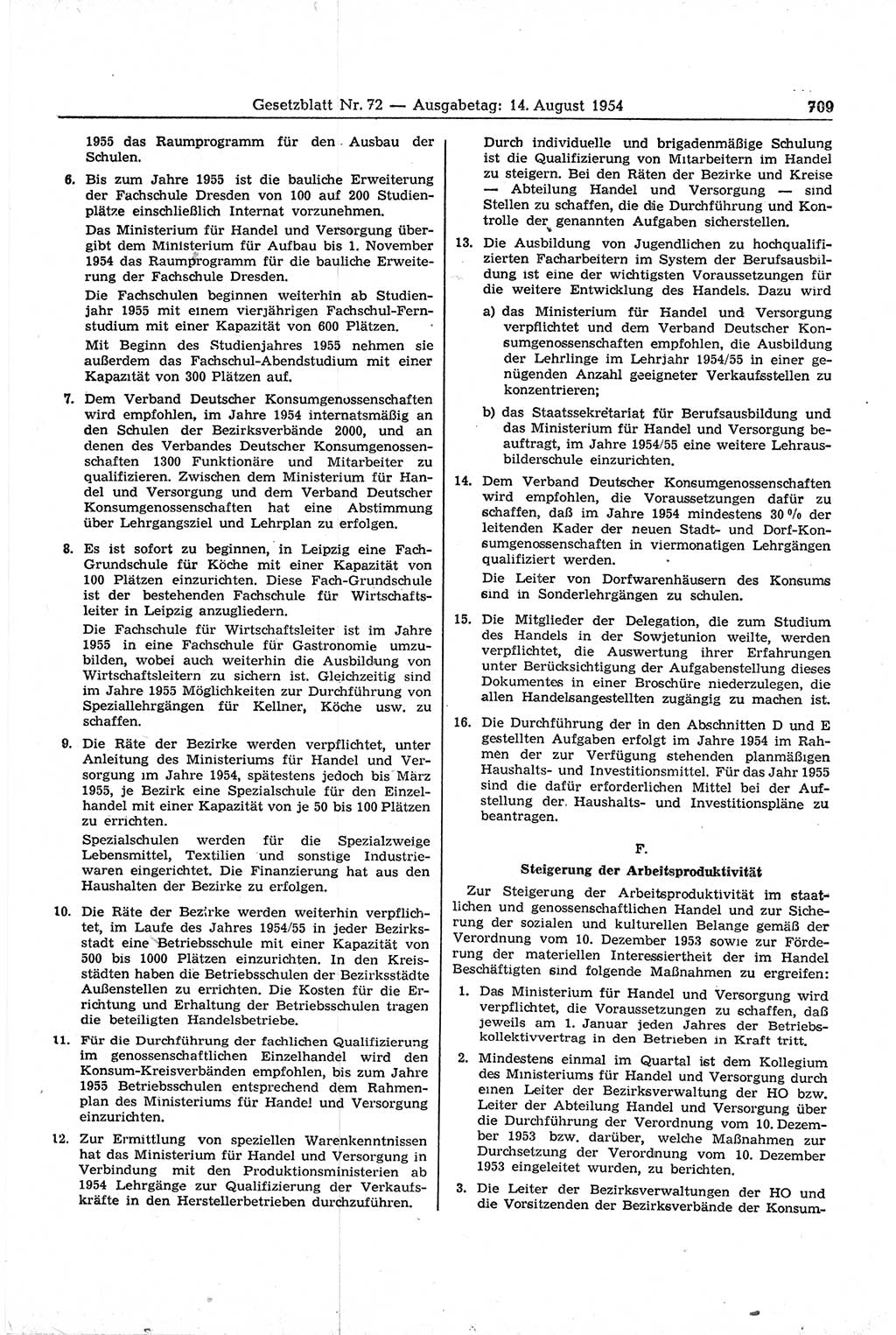 Gesetzblatt (GBl.) der Deutschen Demokratischen Republik (DDR) 1954, Seite 709 (GBl. DDR 1954, S. 709)