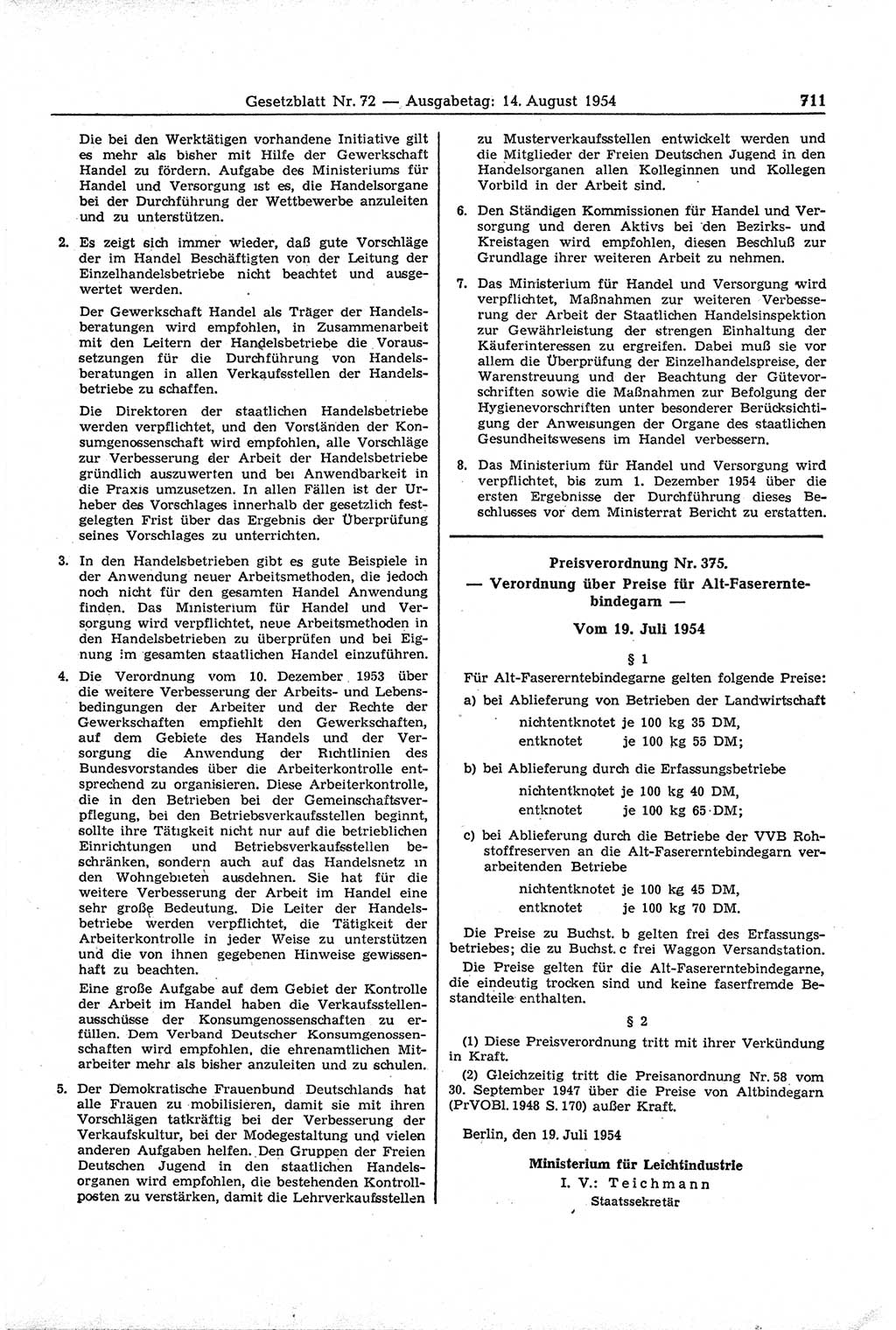 Gesetzblatt (GBl.) der Deutschen Demokratischen Republik (DDR) 1954, Seite 711 (GBl. DDR 1954, S. 711)