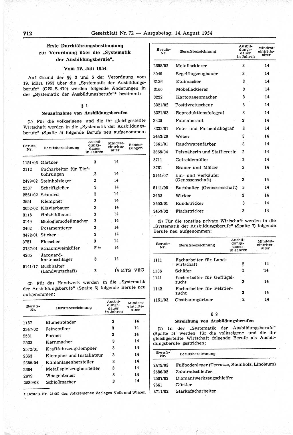 Gesetzblatt (GBl.) der Deutschen Demokratischen Republik (DDR) 1954, Seite 712 (GBl. DDR 1954, S. 712)