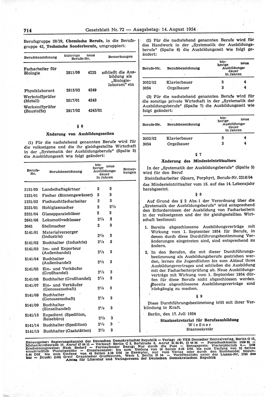 Gesetzblatt (GBl.) der Deutschen Demokratischen Republik (DDR) 1954, Seite 714 (GBl. DDR 1954, S. 714)