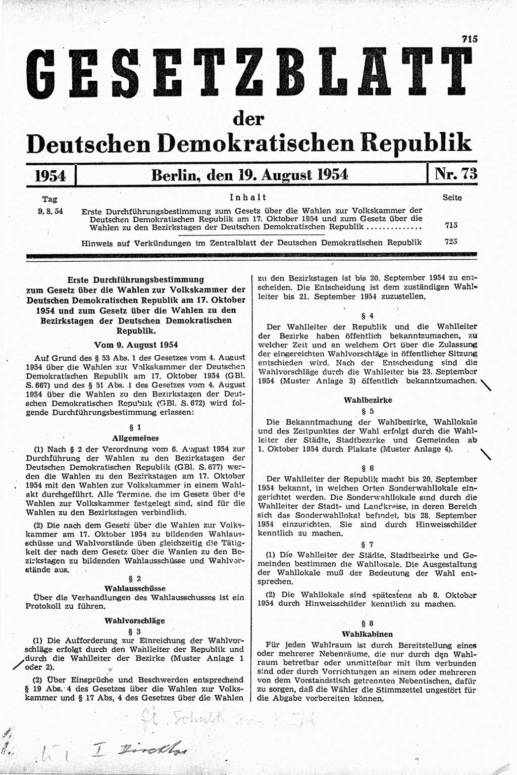 Gesetzblatt (GBl.) der Deutschen Demokratischen Republik (DDR) 1954, Seite 715 (GBl. DDR 1954, S. 715)