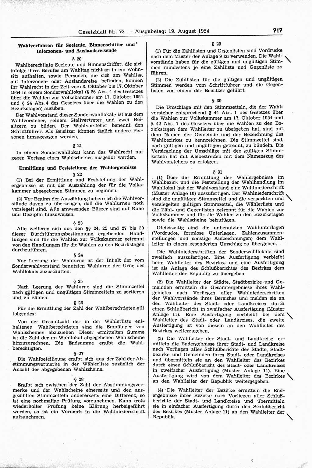 Gesetzblatt (GBl.) der Deutschen Demokratischen Republik (DDR) 1954, Seite 717 (GBl. DDR 1954, S. 717)