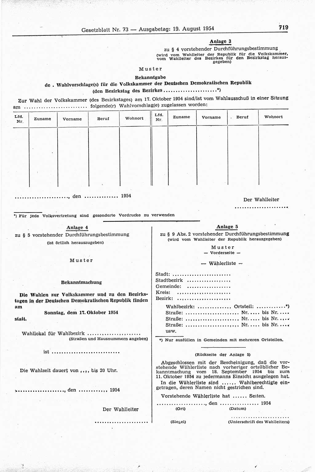 Gesetzblatt (GBl.) der Deutschen Demokratischen Republik (DDR) 1954, Seite 719 (GBl. DDR 1954, S. 719)
