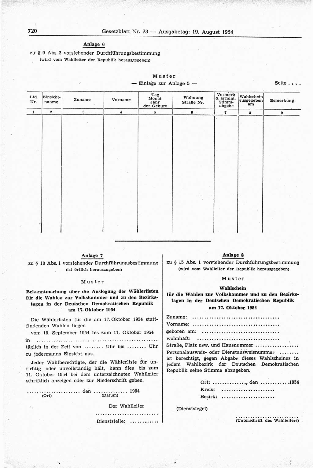 Gesetzblatt (GBl.) der Deutschen Demokratischen Republik (DDR) 1954, Seite 720 (GBl. DDR 1954, S. 720)