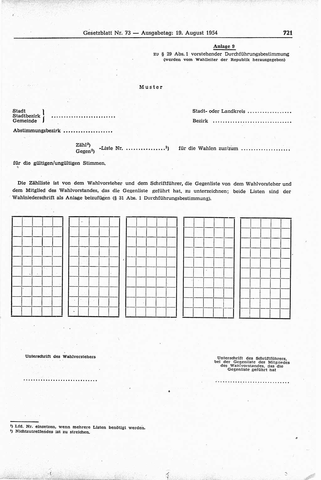 Gesetzblatt (GBl.) der Deutschen Demokratischen Republik (DDR) 1954, Seite 721 (GBl. DDR 1954, S. 721)