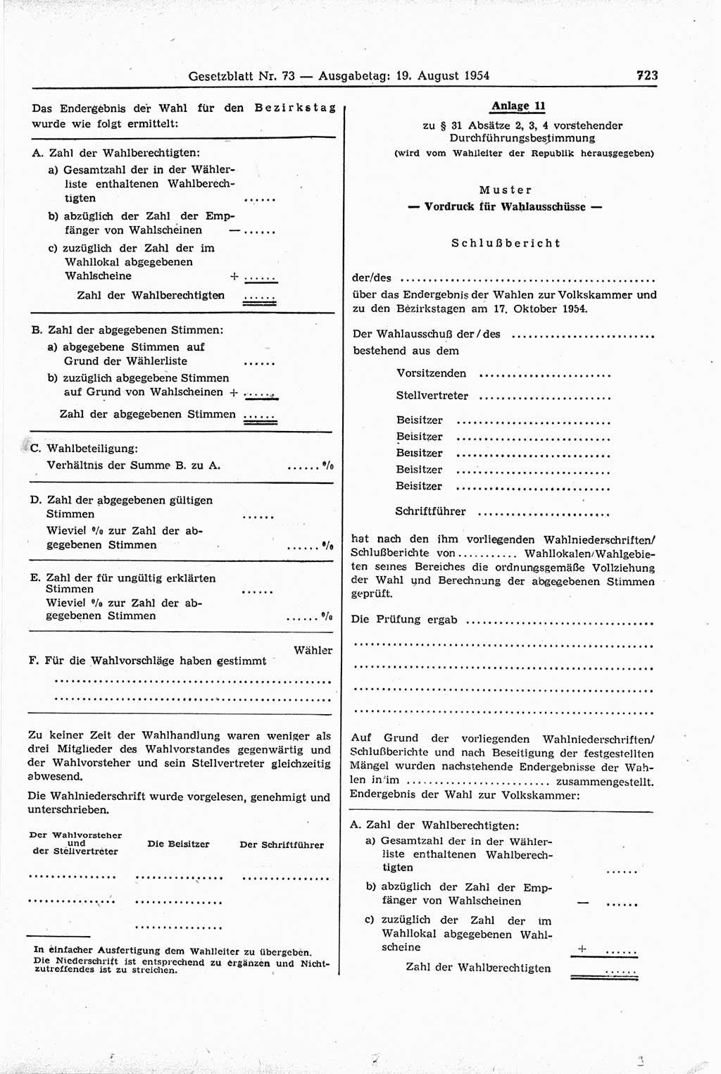 Gesetzblatt (GBl.) der Deutschen Demokratischen Republik (DDR) 1954, Seite 723 (GBl. DDR 1954, S. 723)