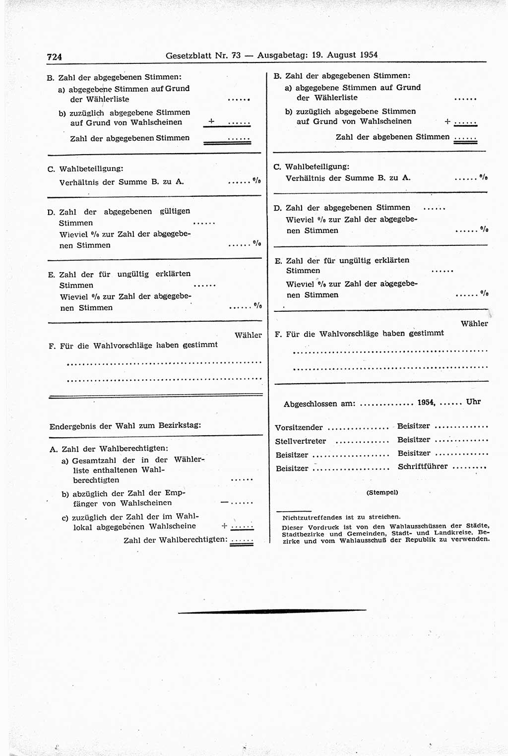 Gesetzblatt (GBl.) der Deutschen Demokratischen Republik (DDR) 1954, Seite 724 (GBl. DDR 1954, S. 724)