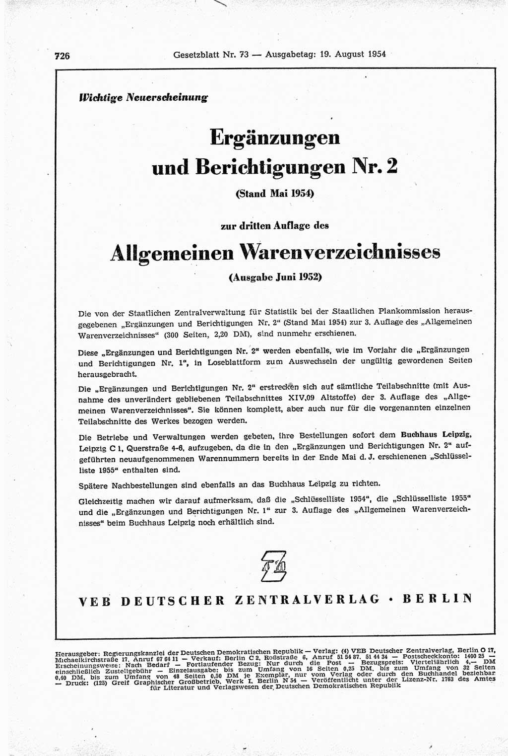 Gesetzblatt (GBl.) der Deutschen Demokratischen Republik (DDR) 1954, Seite 726 (GBl. DDR 1954, S. 726)