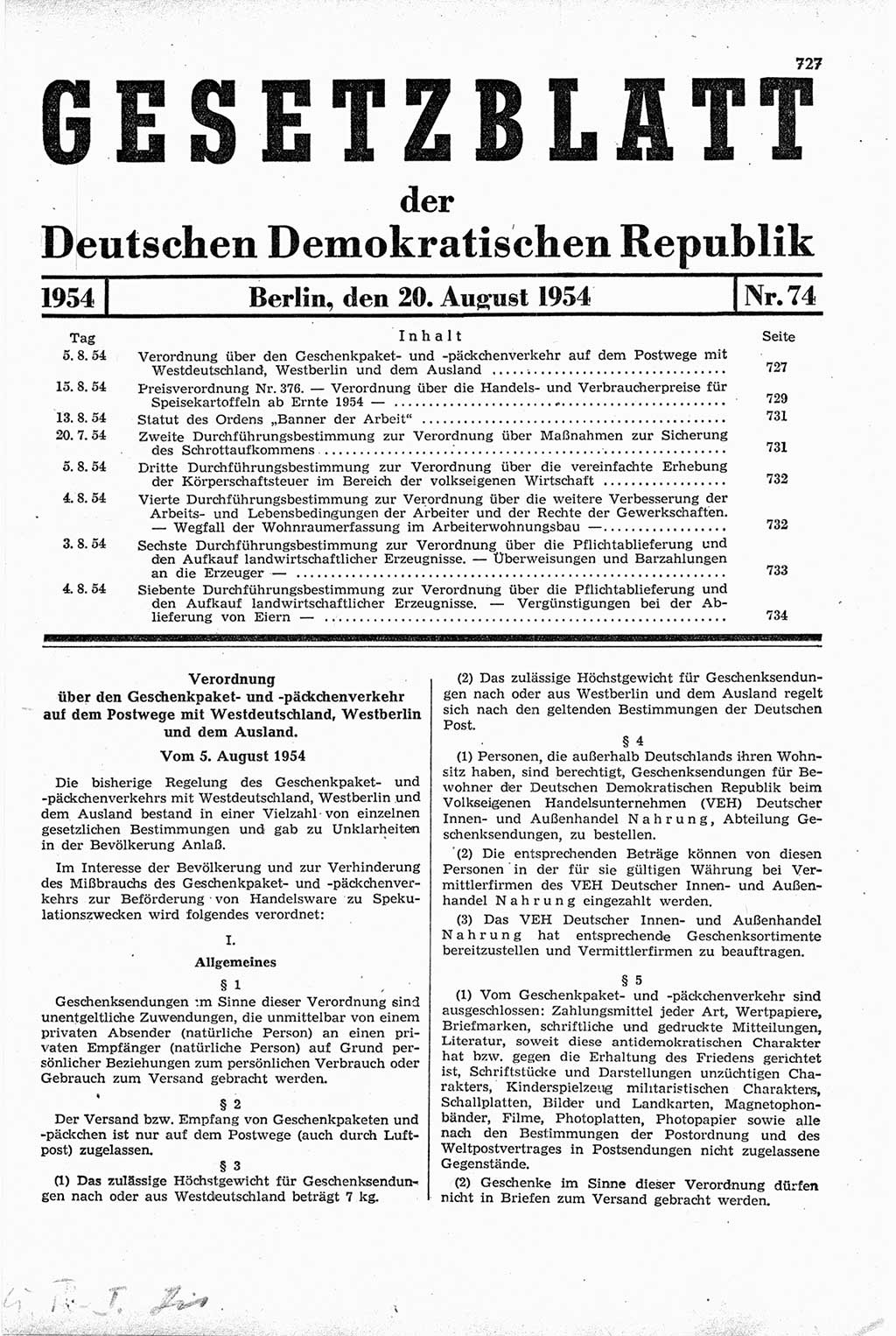 Gesetzblatt (GBl.) der Deutschen Demokratischen Republik (DDR) 1954, Seite 727 (GBl. DDR 1954, S. 727)