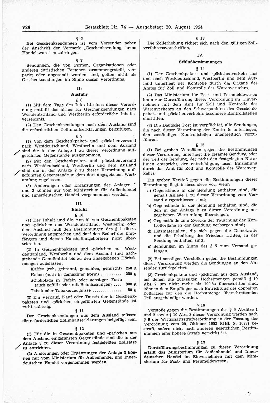 Gesetzblatt (GBl.) der Deutschen Demokratischen Republik (DDR) 1954, Seite 728 (GBl. DDR 1954, S. 728)