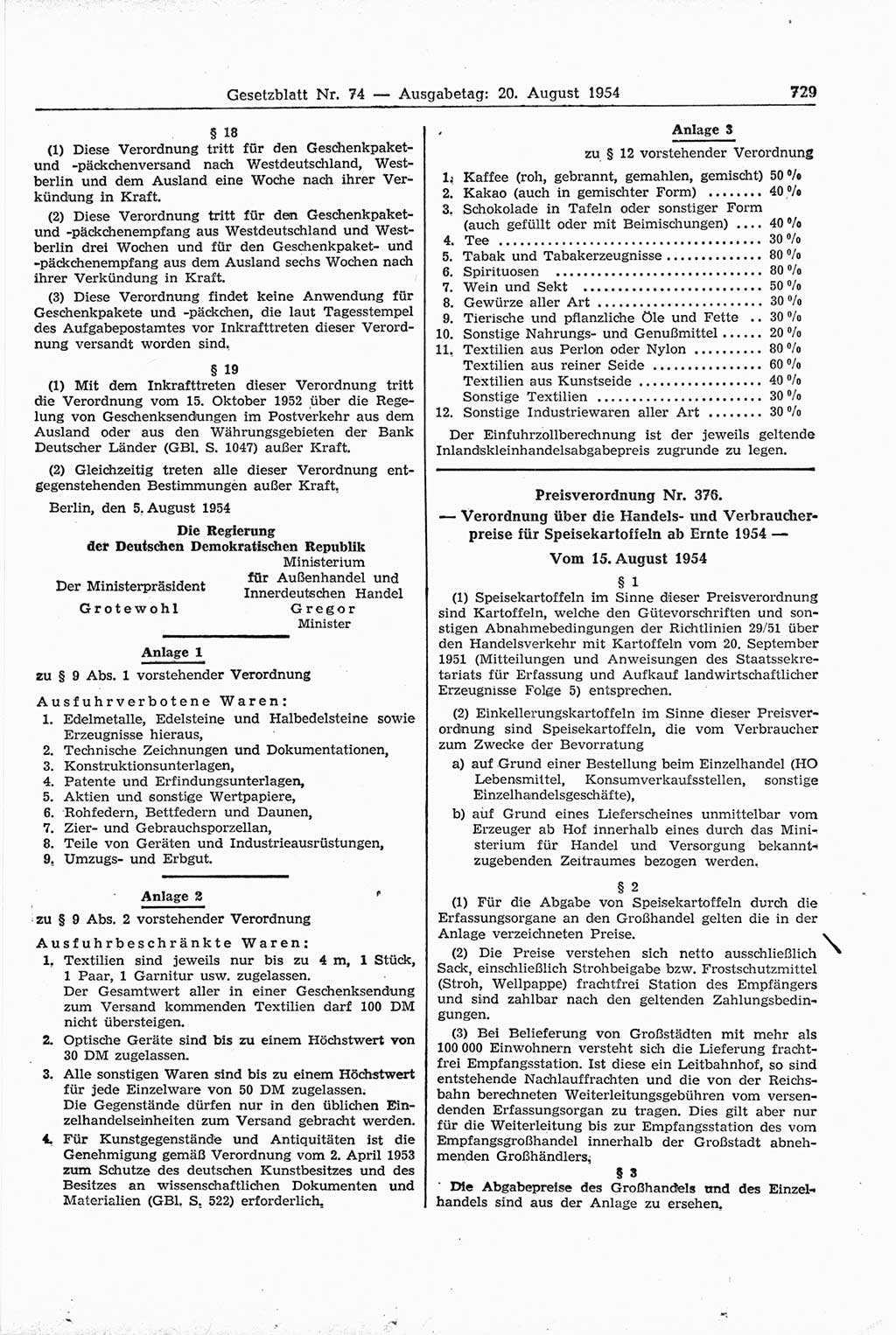 Gesetzblatt (GBl.) der Deutschen Demokratischen Republik (DDR) 1954, Seite 729 (GBl. DDR 1954, S. 729)