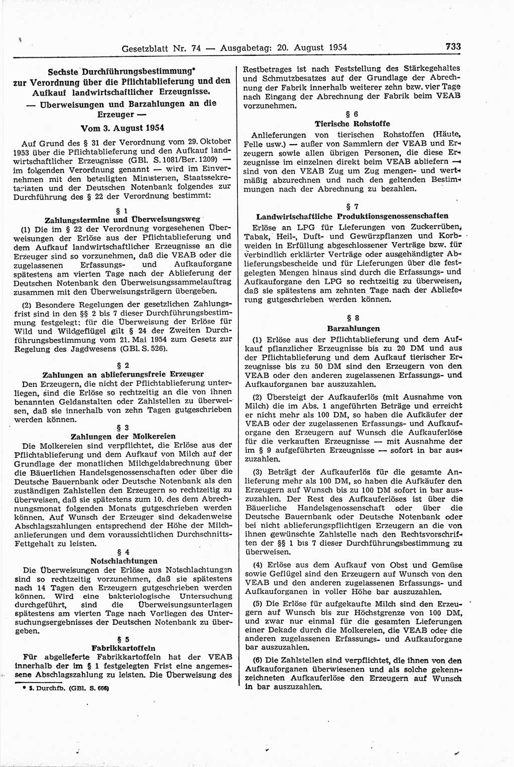 Gesetzblatt (GBl.) der Deutschen Demokratischen Republik (DDR) 1954, Seite 733 (GBl. DDR 1954, S. 733)