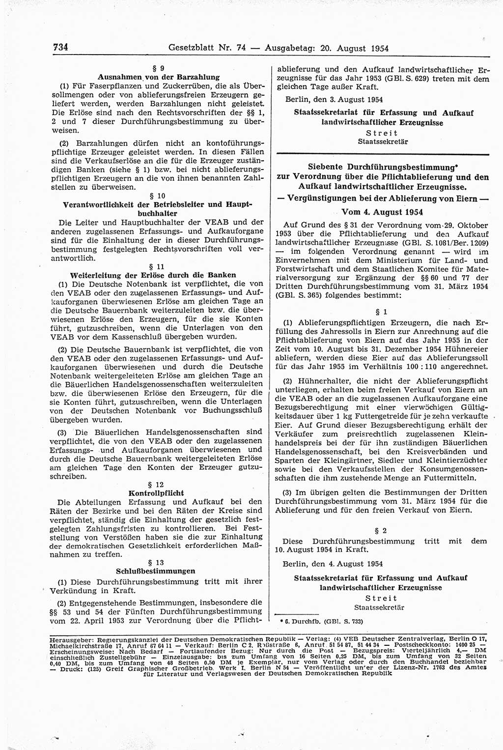 Gesetzblatt (GBl.) der Deutschen Demokratischen Republik (DDR) 1954, Seite 734 (GBl. DDR 1954, S. 734)