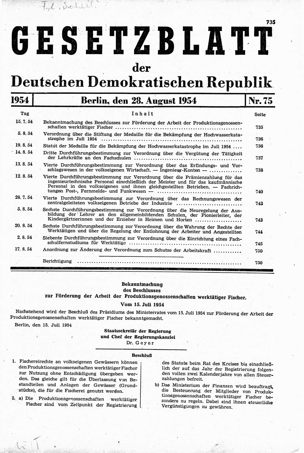 Gesetzblatt (GBl.) der Deutschen Demokratischen Republik (DDR) 1954, Seite 735 (GBl. DDR 1954, S. 735)
